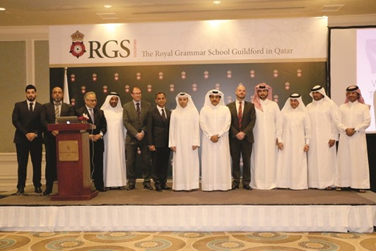A group photo of members of RGS Qatar and Al Qamra Holding with British ambassador Ajay Sharma at the launch. Photo by Umer Nangiana