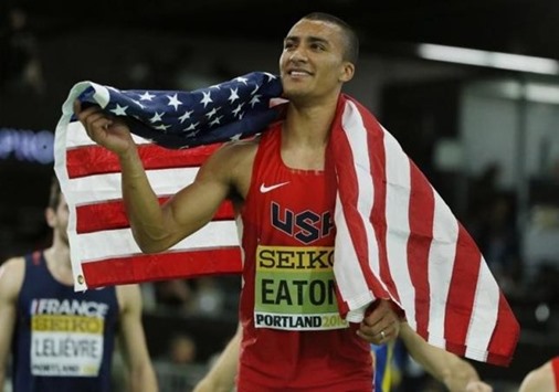 Gold medalist Ashton Eaton of the US reacts after winning the menu2019s heptathlon at the IAAF World Indoor Athletics Championships in Portland, Oregon on March 19, 2016. (Reuters)