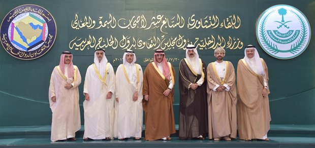 (From left to right) GCC interior ministers Bahraini Rashid bin Abdullah al-Khalifah, UAEu2019s Saif bin Zayed al-Nahyan, Qatari HE Sheikh Abdullah bin Nasser bin Khalifa al-Thani, Saudi Crown Prince Mohamed bin Nayef, Kuwaiti Mohamed al-Khaled al-Sabah, Omani Hamoud bin Faisal al-Busaidi and GCC Secretary-General Abdullatif al-Zayani during their 27th ordinary meeting in Riyadh yesterday.