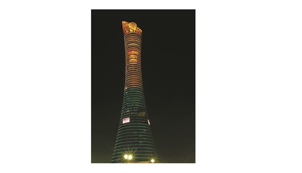 The Torch Doha tower illuminated in the Brazilian Colours.