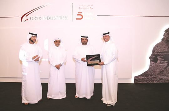 Sheikh Mohamed bin Hamad al-Sharqi (second right) with Sheikh Mohamed bin Suhaim al-Thani (second left) among others during the recent visit of Fujairah Crown Prince to the Qatar-based groupu2019s major asset in the emirate.