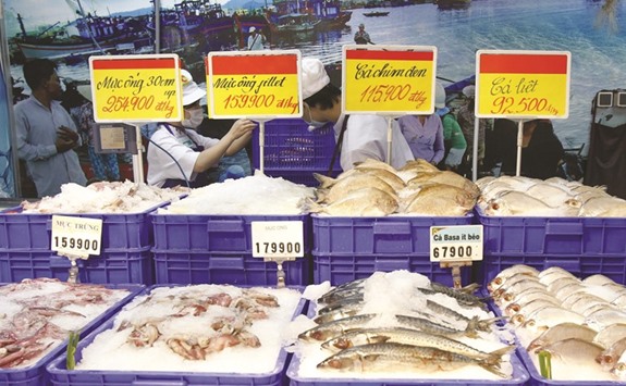Seafood is displayed for sale at the Big C supermarket in Hanoi. The supermarketu2019s Vietnam sales represented a multiple of 1.8 times net sales for 2015.
