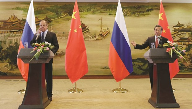 Chinau2019s Foreign Minister Wang Yi with Russian Foreign Minister Sergei Lavrov at the joint news conference at the ministry in Beijing.