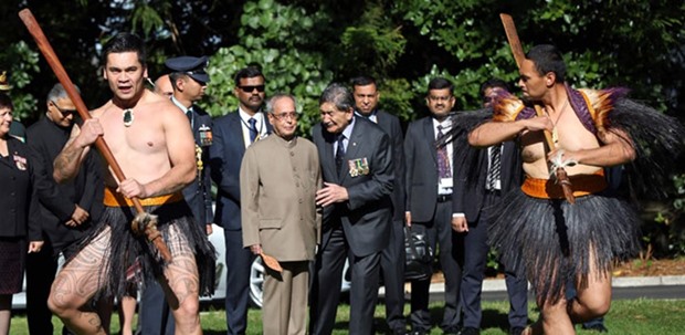 President Pranab Mukherjee receives an official Maori welcome at Government House in Auckland yesterday.