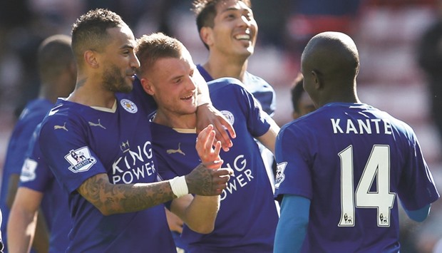File picture of Leicesteru2019s Jamie Vardy celebrates with team mates at the end of the match against Sunderland.