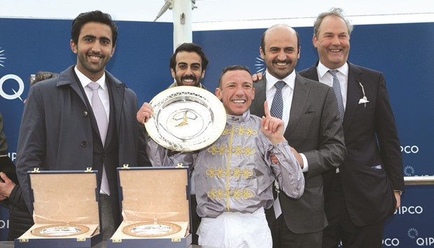Al Shaqab racing consultant  Harry Herbert (right), Al Shaqab Racing General Manager Khalifa bin Mohamed al-Attiyah (second right) with ace jockey Frankie Dettori after Galileo Goldu2019s win yesterday.  At left, Dettori celebrates at the finish.