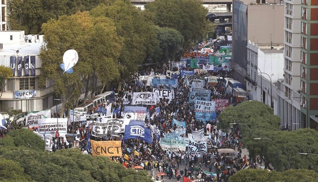 Workers protest against Argentine President Mauricio Macriu2019s policies in Buenos Aires on Friday.