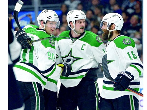 Dallas Stars center Jason Spezza (L), left wing Jamie Benn (C) and right wing Patrick Eaves celebrate a goal against the Los Angeles Kings. PICTURE: USA TODAY Sports