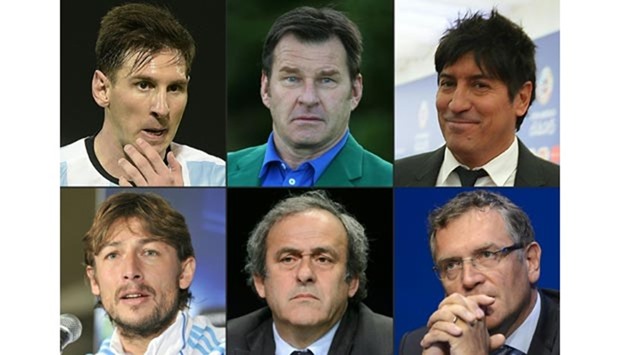 This combination of pictures shows (from upper left corner) Argentina's football player Lionel Messi, British golf legend Nick Faldo, Chilean former football star Ivan Zamorano, Argentinian football player Gabriel Heinze, UEFA president Michel Platini and former FIFA secretary general Jerome Valcke. Their names are featured in a massive leak of documents, some of which revealing hidden offshore assets involving Panama-based law firm Mossack Fonseca.