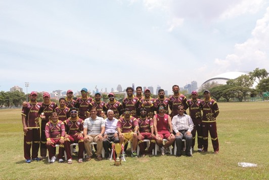 The Qatar team pose after beating Singapore 3-0 in their three-match Twenty20 series in Singapore. On Sunday, Qatar won the last match by 36 runs to make a clean sweep. Half-centuries by Kamran Khan and Rizlan helped Qatar post 193 for 7 in 20 overs. In reply, Singapore  were restricted to 157 for 7 with Chetan top-scoring with 73.
