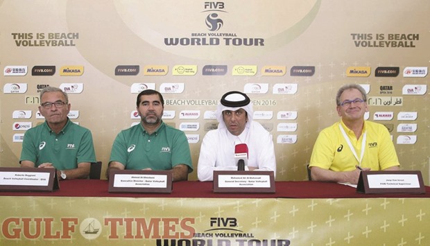 General Secretary of the Qatar Volleyball Association Mohammed Ali al-Mohanadi (second right), addresses a press conference ahead of the FIVB Beach Volleyball Qatar Open, which will begin today at the Al Gharafa Stadium. PICTURES: Jayaram