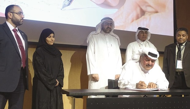 HE Sheikh Faisal bin Qassim al-Thani along with other officials at the closing ceremony of the conference.