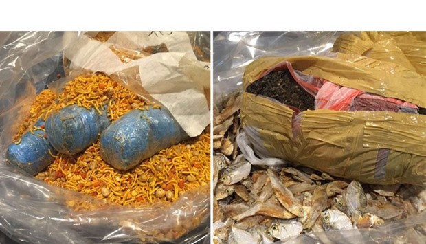 The illicit drug packets were hidden among dried fish and snacks.