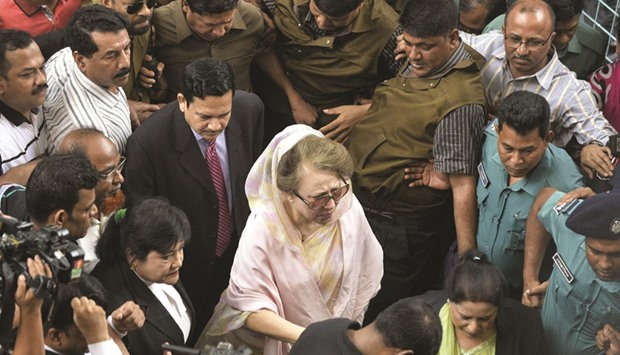 Former Bangladeshi prime minister and BNP leader Khaleda Zia arriving at a court in Dhaka yesterday.