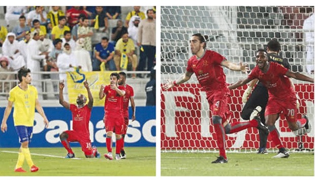 Lekhwiyau2019s Alain Dioko (C) celebrates scoring against Saudi arabiau2019s Al Nassr during their AFC Champions League match at the Abdullah bin Khalifa Stadium in Doha yesterday . At right, Lekhwiyau2019s Chico Flores (L) reacts after scoring his teamu2019s third goal.