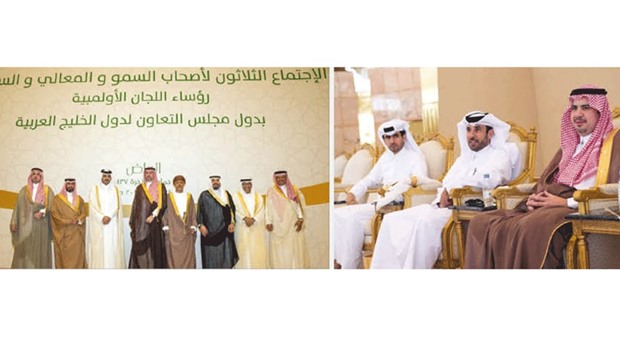 Qatar Olympic Committee President HE Sheikh Joaan bin Hamad al-Thani (third from left) poses with top Olympic committee officials from GCC countries at their meeting in Riyadh. QOC Secretary-General Dr Thani al-Kuwari (centre in second picture) also attended the meeting during which it was decided to establish a centre of arbitration to settle sports disputes occuring during events in the Gulf.