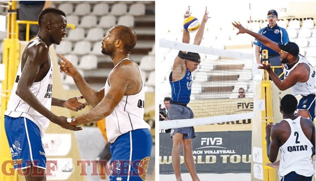 Qataru2019s Cherif Younousse (left) and Jefferson Pereira beat Australiau2019s Bo Soderberg and Cole Durant 2-1. (Right) The second Qatar team of Julio Cesar Do Nascimento (right) and Ahmed Tijan (#2) in action against Italyu2019s Paolo and Matteo Ingrosso. PICTURES: Jayaram