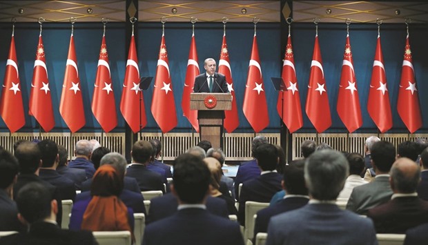 Erdogan delivers a speech to lawyers at the Presidential Complex in Ankara yesterday. He has proposed stripping Turkish citizenship from supporters of Kurdish rebels waging a deadly insurgency against the security forces.