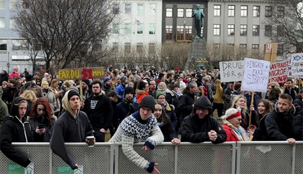 People demonstrate against Iceland's Prime Minister Sigmundur David Gunnlaugsson in Reykjavik