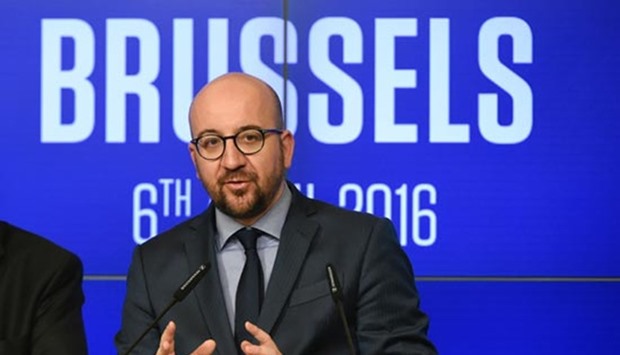 Belgian Prime minister Charles Michel addresses a press conference in Brussels on Wednesday, two weeks after the attacks on a metro station and the airport.