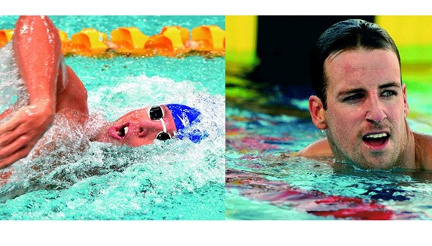 This file photo taken on April 3, 2015 shows dual Olympic champion Grant Hackett swimming to finish third in the 400m freestyle final in his comeback swim after seven years out of the pool at Australiau2019s world championship trials in Sydney. Right: This file photo taken on February 5, 2016 shows Australiau2019s James Magnussen reacting after completing the menu2019s 100m freestyle at the Aquatic Super Series swimming event in Perth. (AFP)