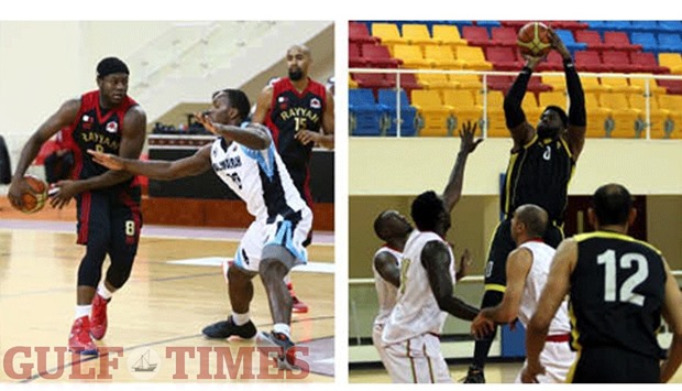 Al Rayyanu2019s Tanguy Alban Ngombo (left) tries to get past an Al Wakrah player while team-mate Lawrence Hill (right) looks on during their HH The Emir Cup match at Al Gharafa Sports Club here yesterday. Right: Qatar Sports Clubu2019s Malcolm Anthony White rises to shoot for the basket during the match against Al Arabi yesterday. PICTURES: Othman Iraqi