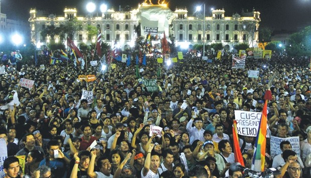 Protesters march against Peruvian presidential candidate Keiko Fujimori in downtown Lima, Peru.