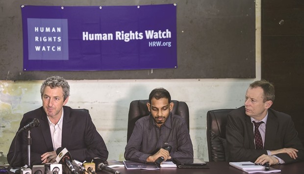 Human Rights Watch researcher Richard Pearshouse, left, speaking while HRW director David Mepham, right, looking on during a press conference in Dhaka yesterday.