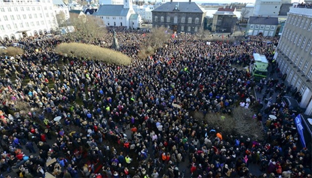 People demonstrate in Reykjavik, Iceland