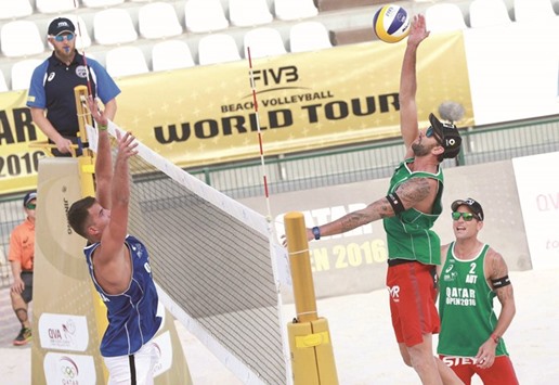 Austrian pair Alexander Huber-Robin Seidl (right) beat Michal Bryl and Kacper Kujawiak of Poland 2-0 to enter the semi-finals of the $75,000 FIVB Beach Volleyball World Tour Qatar Open yesterday.