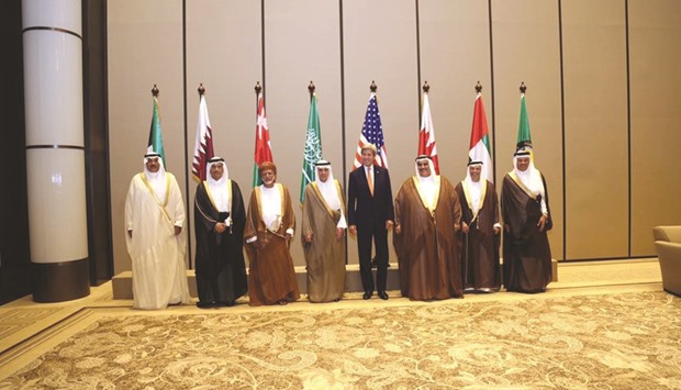 Qataru2019s Minister of Foreign Affairs HE Sheikh Mohamed bin Abdulrahman al-Thani with US Secretary of State John Kerry and his GCC counterparts in Manama yesterday.