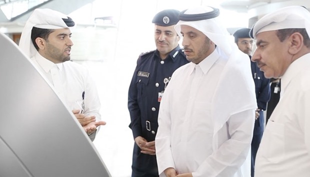 HE the Prime Minister and Interior Minister Sheikh Abdullah bin Nasser bin Khalifa al-Thani, along with HE the Minister of Transport and Communications Jassim Seif Ahmed al-Sulaiti, attending a trial session at HIA.It is aimed at transforming HIA into a ,smart airport,.