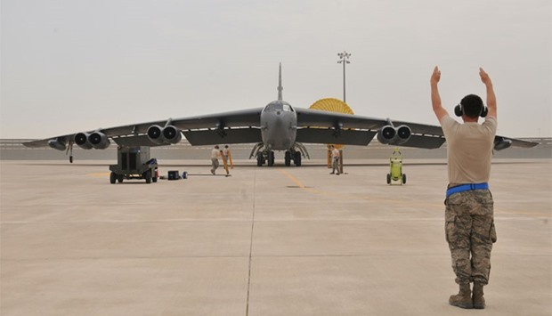 A US Air Force B-52 Stratofortress bomber arrives at Al Udeid Air Base, Qatar
