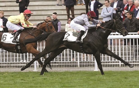 Jockey Gregory Benoist (right) rides Al Wukair to victory in Prix Djebel (Gr3) at Maisons-Laffitte, France, yesterday. (Scoopdyga)