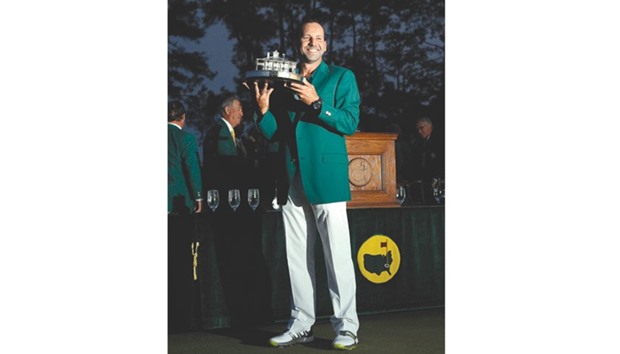 Sergio Garcia of Spain holds the Masters trophy after winning the 2017 Masters golf tournament at Augusta National Golf Club in Augusta, Georgia, on Sunday.