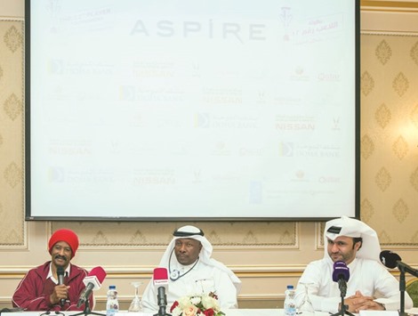 (From left) Qatar football legend Mansour Muftah, Aspire Zone Foundation Events manager Abdullah al-Khater and Tournament director Mohamed al-Hamadi address a press conference announcing the 12th Player Tournament for Football Fan Associations at the Movenpick Hotel Al Aziziyah in Doha yesterday.