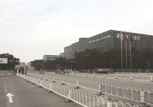 A Hyundai factory in Beijing. The South Korean firmu2019s Beijing plants, which used to run 24 hours, seven days a week, are now running just 8am to 5pm on a four-day week, its workers say, and concerns of further output cuts are unnerving those working in its  supply chain and local stores.