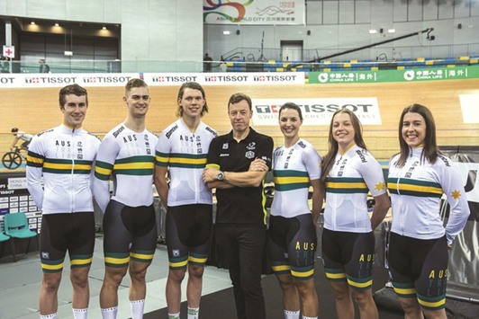(L to R) Rohan Wight, Matthew Glaetzer, Kelland Ou2019Brien, coach Simon Jones, Rebecca Wiasak, Kristina Clonan and Holly Takos of Australia unveil the teamu2019s new uniforms ahead of the 2017 Track Cycling World Championships in Hong Kong. (AFP)
