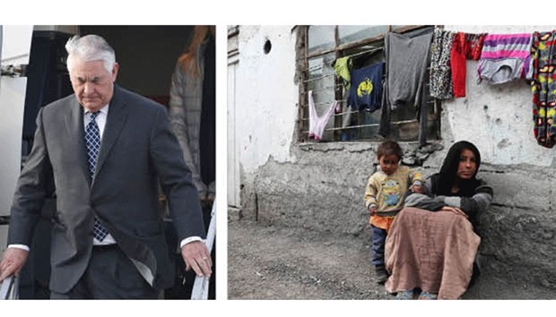 US Secretary of State Rex Tillerson disembarks from an airplane upon his arrival at the Vnukovo II Government airport in Moscow yesterday. Right: A Syrian woman with her child sits on the pavement in the Ismetpasa neighbourhood in the Turkish capital Ankara yesterday.