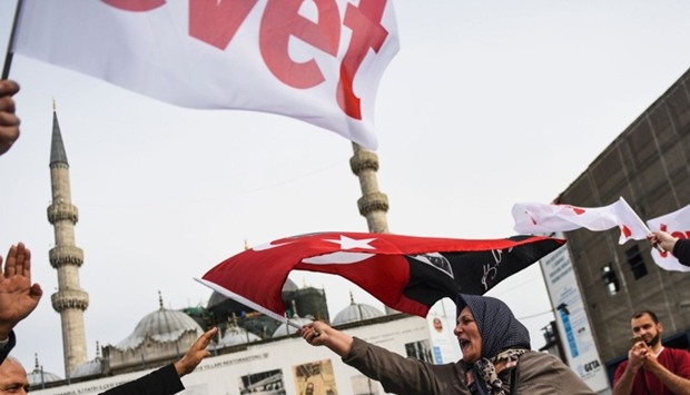 A Turkish woman supporting the ,No, vote in the upcoming constitutional referendum