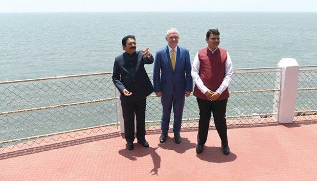 Australian Prime Minister Malcolm Turnbull, Maharashtra Governor Vidyasagar Rao (left) and Chief Minister Devendra Fadnavis (right) pose for a photograph following a meeting at the Governor House in Mumbai yesterday.