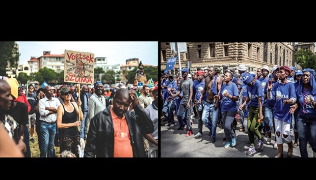 A woman holds a placard reading in Afrikaans language u2018Get lost Zumau2019 during a demonstration in Pretoria yesterday. Right: Members of the Democratic Alliance (DA) party march towards the Union Buildings during a demonstration in Pretoria yesterday.