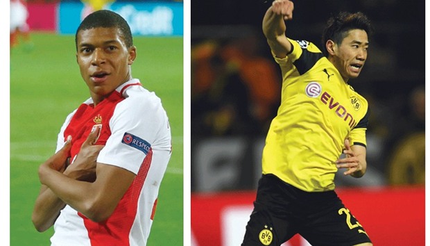 Monacou2019s Kylian Mbappe-Lottin celebrates scoring their third goal against Dortmund. Right: Dortmundu2019s Japanese player Shinji Kagawa reacts after scoring against Monaco.