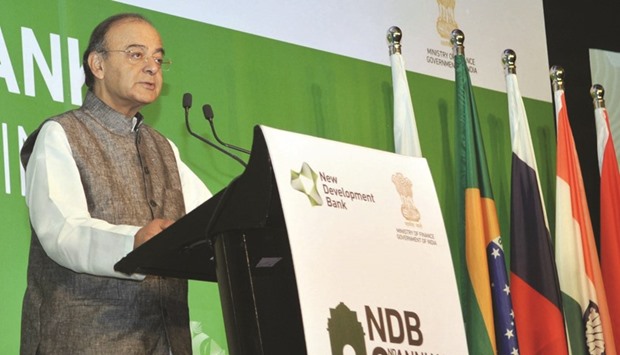 Indiau2019s Finance Minister Arun Jaitley addresses the opening ceremony of the second annual board of governorsu2019 meeting of the New Development Bank in New Delhi yesterday. Jaitley said that India requires investment of $646bn for infrastructure over the next five years and hoped that the NDB, which became operational in 2015, could contribute to this.