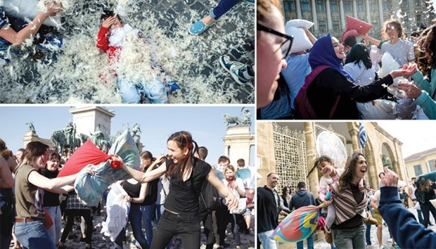 TOP LEFT: A child lies covered in pillow filling during the International Pillow Fight Day 2017 event yesterday in Bucharest.  TOP RIGHT: A woman wearing a hijab takes part in the event in Bucharest.  BELOW LEFT: Participants fight with pillows yesterday in Budapest.  BELOW RIGHT: Cypriots participate in the annual pillow fight yesterday in Faneromeni Square in the old city of the capital Nicosia.
