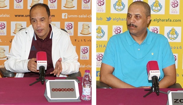 Umm Salal coach Mahmoud Jaber (left) and Gharafau2019s caretaker coach Habib Sadeq.