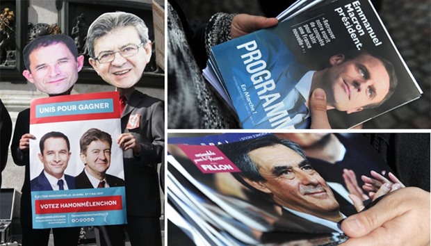 LEFT: Protesters wearing masks, depicting left and far-left, of Hamon and Melenchon (right), take part in a fake marriage after a bullish Melenchon rebuffed an appeal on Thursday by Hamon for the two to join forces, during a demonstration yesterday calling for a joint candidacy in Paris.  TOP RIGHT: A Macron supporter holds leaflets for French presidential election candidate on the streets of Quimper, western France.  BELOW RIGHT: A Fillon supporter holds leaflets of the French presidential election candidate on the streets of Quimper, western France.