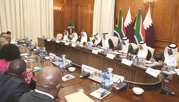 HH the Emir Sheikh Tamim bin Hamad al-Thani and President Jacob Zuma chairing official talks on Tuesday evening.