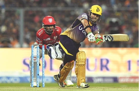 Kolkata Knight Riders captain Gautam Gambhir plays a shot against Kings XI Punjab at The Eden Gardens Cricket Stadium in Kolkata yesterday.