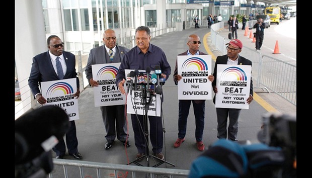 Reverend Jesse Jackson stages a protest against United Airlines at Ou2019Hare International Airport in Chicago on Wednesday.